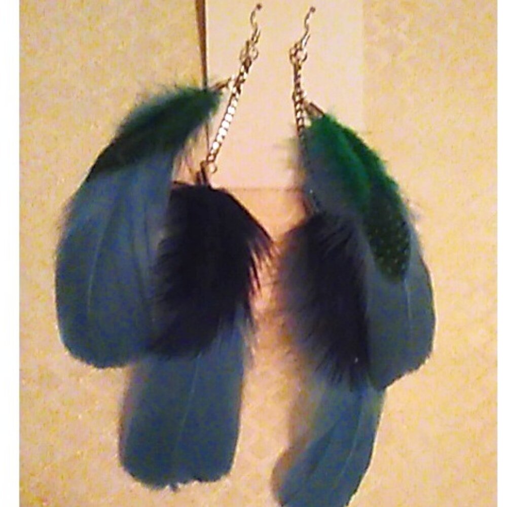 Earrings Double Feathers With Chains Green & Black Handcrafted Boho Hippie New